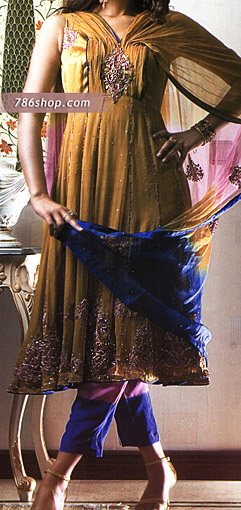  Mustard/Blue Chiffon Suit | Pakistani Party Wear Dresses- Image 1