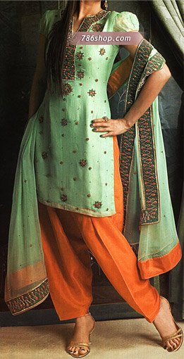  Light Green/Orange Chiffon Suit | Pakistani Party Wear Dresses USA- Image 1