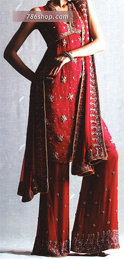  Red Chiffon Trouser Suit | Pakistani Party Wear Dresses- Image 1