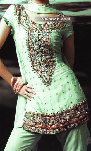  Light Green Chiffon Trouser Suit | Pakistani Party Wear Dresses- Image 1