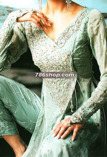  Sea Green Chiffon Suit | Pakistani Party Wear Dresses- Image 1