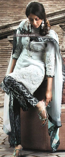  Light Grey Chiffon/Jamawar Suit | Pakistani Party Wear Dresses- Image 1