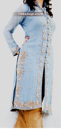  Sky Blue/Golden Chiffon Suit | Pakistani Party Wear Dresses- Image 1