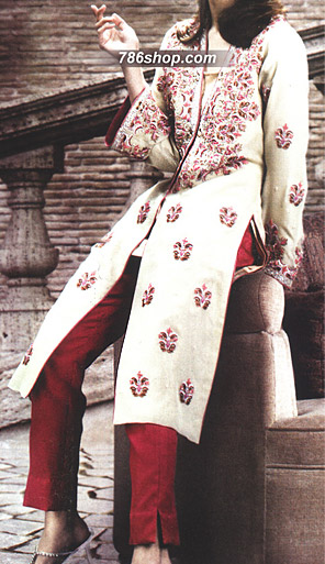  Off-White/Red Silk Suit | Pakistani Party Wear Dresses USA- Image 1