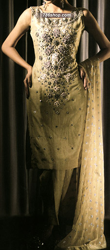  Golden Chiffon Suit | Pakistani Party Wear Dresses- Image 1