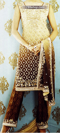  Cream/Dark Brown Chiffon Trouser Suit | Pakistani Party Wear Dresses USA- Image 1
