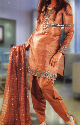  Rust Silk Suit  | Pakistani Party Wear Dresses- Image 1