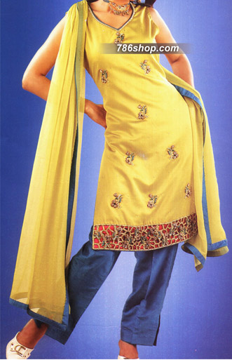  Yellow/Turquoise Silk Suit | Pakistani Party Wear Dresses- Image 1