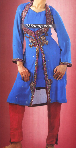  Turquoise/Red Chiffon Suit    | Pakistani Party Wear Dresses- Image 1