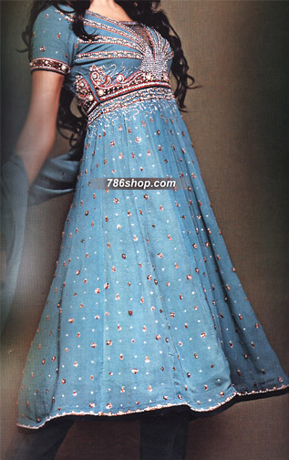  Turquoise Chiffon Suit | Pakistani Party Wear Dresses- Image 1