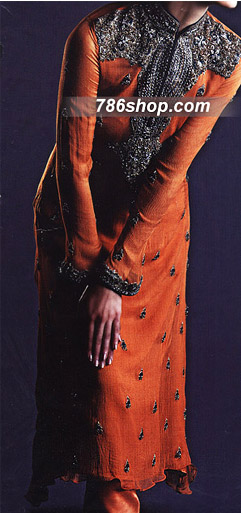  Rust Orange Chiffon Suit | Pakistani Party Wear Dresses- Image 1