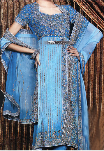  Turquoise Chiffon Suit  | Pakistani Party Wear Dresses- Image 1