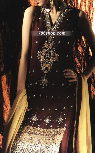  Dark Brown Chiffon Suit | Pakistani Party Wear Dresses- Image 1