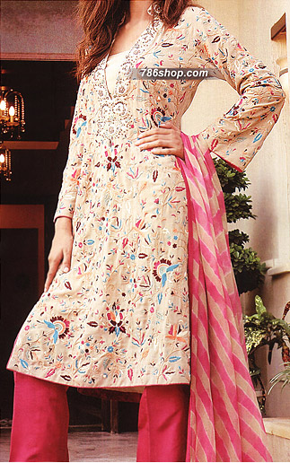  Fawn/Hot Pink Chiffon Suit     | Pakistani Party Wear Dresses USA- Image 1