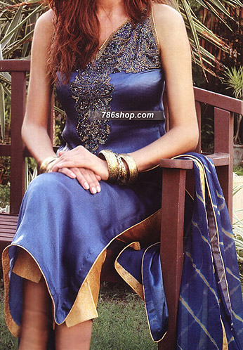  Blue/Yellow Silk Suit     | Pakistani Party Wear Dresses USA- Image 1