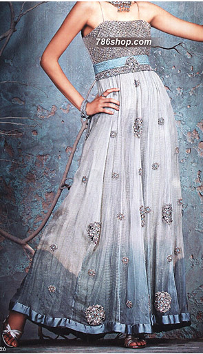 Off-white/Turquoise Chiffon  | Pakistani Party Wear Dresses- Image 1