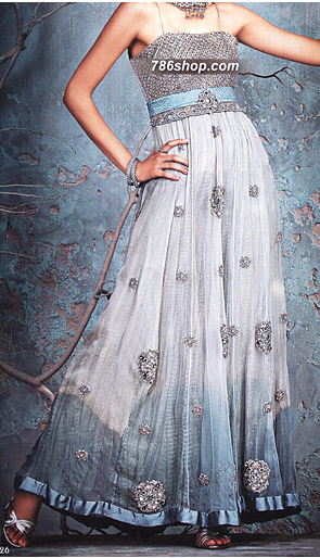  Off-white/Turquoise Chiffon  | Pakistani Party Wear Dresses USA- Image 1