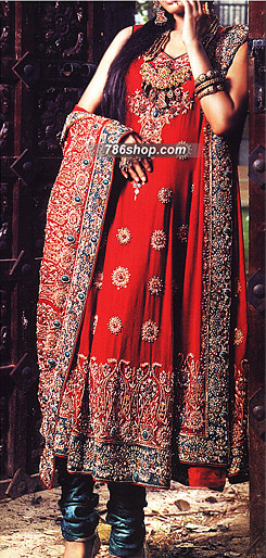  Red/Turquoise Chiffon Suit     | Pakistani Party Wear Dresses- Image 1