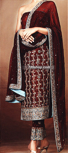  Maroon Silk Suit | Pakistani Party Wear Dresses- Image 1