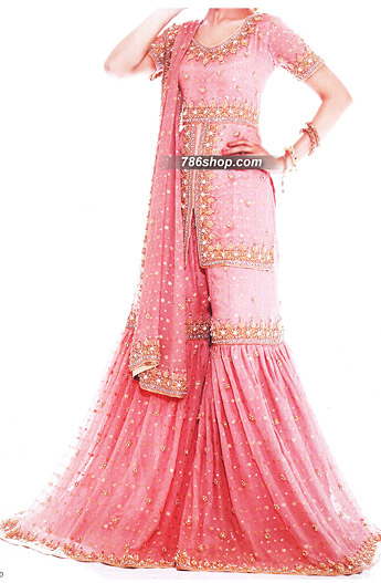  Pink Jamawar Chiffon Gharara | Pakistani Party Wear Dresses USA- Image 1