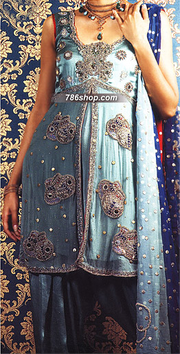  Turquoise Chiffon Suit     | Pakistani Party Wear Dresses- Image 1