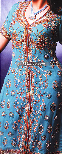  Turquoise Crinkle Chiffon Suit     | Pakistani Dresses in USA- Image 1