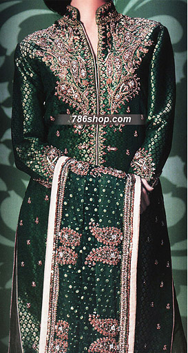  Dark Green Jamawar Zari Suit | Pakistani Party Wear Dresses- Image 1