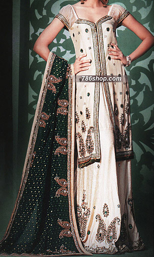  Off-White/Green Jamawar Lehnga | Pakistani Party Wear Dresses- Image 1