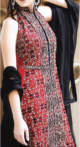  Red/Black Chiffon Suit | Pakistani Party Wear Dresses- Image 1