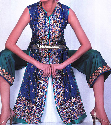  Blue/Green Silk Suit | Pakistani Party Wear Dresses- Image 1