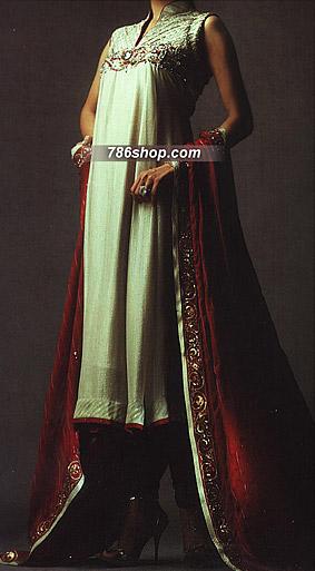  Light Green/Red Chiffon Suit | Pakistani Party Wear Dresses- Image 1