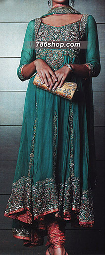  Teal Green Chiffon Suit  | Pakistani Party Wear Dresses USA- Image 1
