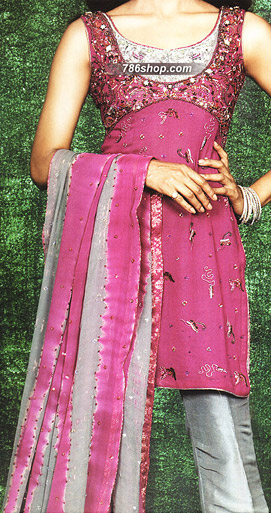  Magenta/Silver Chiffon Suit    | Pakistani Party Wear Dresses USA- Image 1