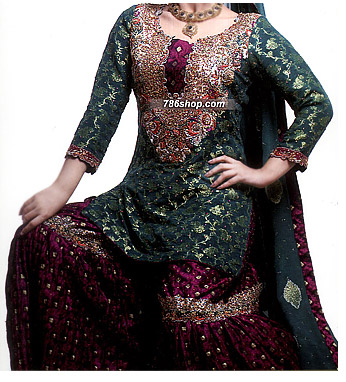  Green/Magenta Jamawar Zarri Gharara  | Pakistani Party Wear Dresses- Image 1