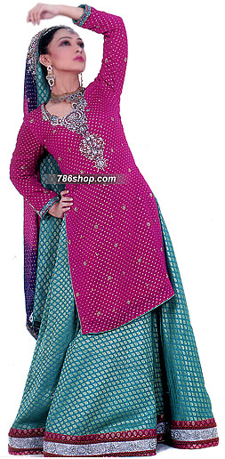 Magenta/Sea Green Jamawar Zarri Lehnga | Pakistani Party Wear Dresses