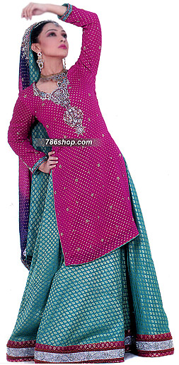  Magenta/Sea Green Jamawar Zarri Lehnga | Pakistani Party Wear Dresses- Image 1