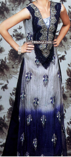  Grey/Navy Blue Chiffon Suit  | Pakistani Party Wear Dresses- Image 1