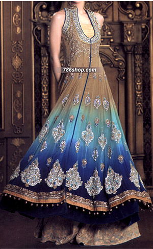  Brown/Blue Chiffon Suit | Pakistani Party Wear Dresses- Image 1