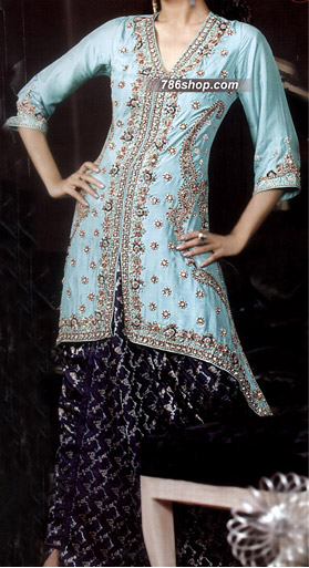  Sea Green/Navy Blue Chiffon Suit  | Pakistani Party Wear Dresses- Image 1