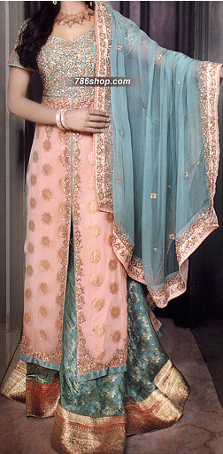  Peach/Sea Green Jamawar Chiffon Suit | Pakistani Party Wear Dresses USA- Image 1