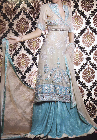  Light Golden/ Turquoise Chiffon Suit  | Pakistani Party Wear Dresses USA- Image 1