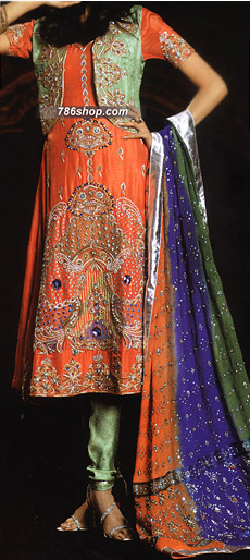  Orange/Light Green Silk Suit | Pakistani Party Wear Dresses- Image 1