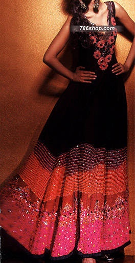  Black/Hot Pink Chiffon Suit | Pakistani Party Wear Dresses- Image 1