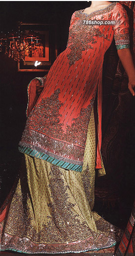  Peach/Light Green Jamawar Suit | Pakistani Wedding Dresses- Image 1