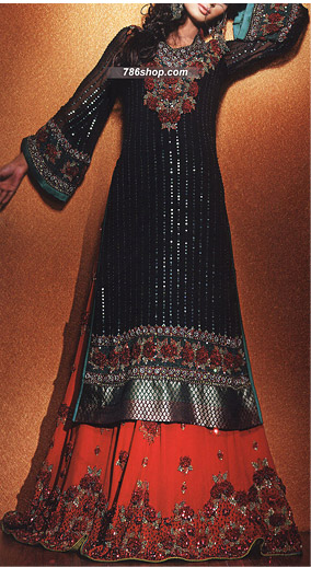  Black/Red Chiffon Suit | Pakistani Party Wear Dresses- Image 1