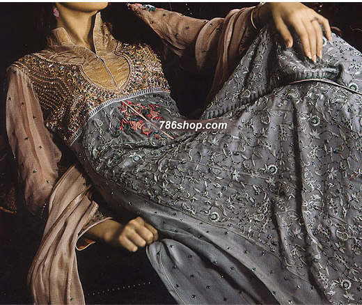  Grey/Golden Chiffon Suit  | Pakistani Party Wear Dresses- Image 1