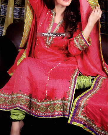  Hot Pink/Lime Green Jamawar Suit | Pakistani Party Wear Dresses- Image 1