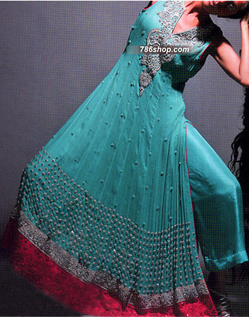  Turquoise Chiffon Suit | Pakistani Party Wear Dresses- Image 1