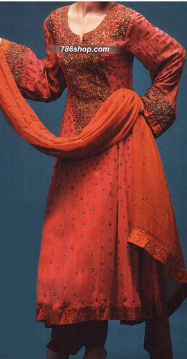  Rust Orange Chiffon Suit  | Pakistani Party Wear Dresses- Image 1