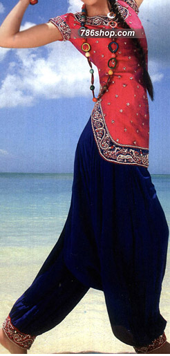  Hot Pink/Blue Chiffon Suit | Pakistani Party Wear Dresses- Image 1